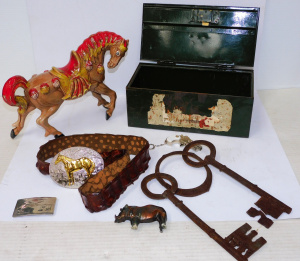 Lot 131 - Mixed Group inc Crocodile Skin belt with horse themed buckle, Metal ti Lot 131 - Mixed Group inc Crocodile Skin belt with horse themed buckle, Metal ti