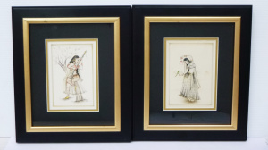 Lot 150 - Pair of vintage Unsigned Indian Watercolours - Girls in Traditional Dr
