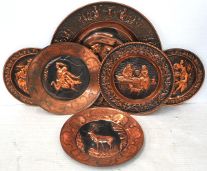 Lot 161 - 6 x Vintage Copper Wall Hang Plates incl Large Plate w image of Peter
