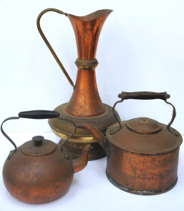 Lot 162 - 3 x pieces - Vintage Copper & Brass - Large Ewer + 2 x copper teap