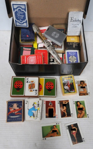 Lot 170 - Box Assorted Vintage Playing Cards & Ornate Knife inc Models of A