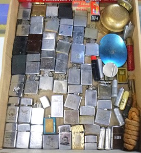 Lot 200 - Box vintage cigarette lighters & accessories inc Zippo (af), perma
