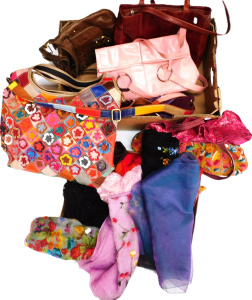 Lot 215 - 2 x Boxes Ladies Bags & Scarves inc Scarves, silk, silk velvet, ch