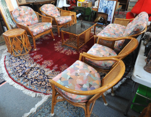 Lot 225 - Group - 1980s Three Piece Cane Lounge Suite + matching Coffee Table, 2