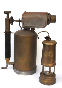Lot 280 - 2 x pieces Vintage Brass - Large Primus Blow Torch 38cm H + Welsh Mine