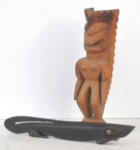 Lot 292 - 2 x vintage Carved Wooden Tribal figures - Trobriand Islands Crocodile