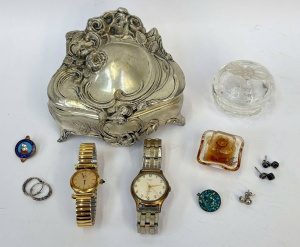 Lot 299 - Grp - Art Nouveau style jewellery box, Ingersol, Ortin watches, sil ea