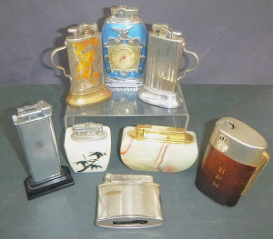 Lot 314 - Group Vintage table lighters inc one with fahrenheit thermometer, Rons