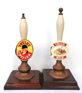 Lot 330 - 2 x Mounted Bar Tap Pulls w Tetley & Tolley Beer Badges