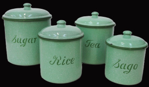Lot 341 - Set of 5 x Vintage Lidded Enamelled Green Speckle Kitchen Canisters