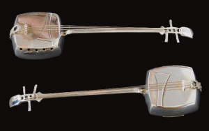 Lot 368 - Pair vintage Japanese Sterling Silver Shamisen Guitar Salt & Peppe