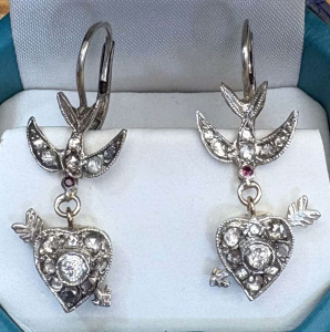 Lot 372 - Pair vintage 18ct white & yellow gold old cut diamond drop earring