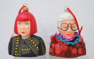 Lot 395 - 2 x Novelty Glass Ornaments of Yayoi Kusama & Iris Apfel - approx