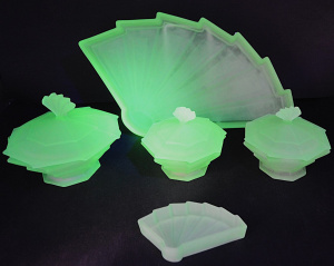 Lot 401 - 1930s Part Set of Uranium Frosted Green Glass Dressing Table Set by Ba