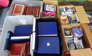 Lot 98 - 6 x Boxes of Books, CDs, DVDs & VHS Tapes incl Kids Movies, Blu-ray
