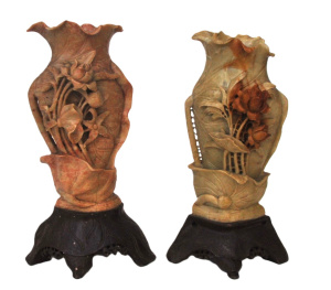 Lot 237 - 2 x Vintage Chinese Soapstone Carved Vases w Ornate Flowers & Bird