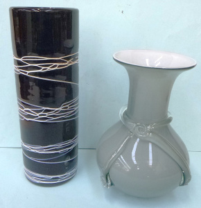 Lot 282 - 2 x vintage Heavy Art Glass Vases - Tall Black Cylinder Vase w white T