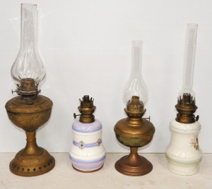Lot 286 - Small Lot of Vintage Oil Lamps incl 2 x Ceramic Bases & 2 x Brass