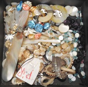 Lot 302 - Box lot of mostly Mother Of Pearl items inc, necklaces, knives, buckle