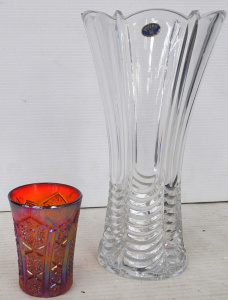 Lot 308 - Vintage Lead Crystal Bohemia Vase & Carnival Glass Tumbler w Hobna