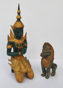 Lot 314 - 2 x vintage style Eastern bronze Figures - Temple Lion & Praying T