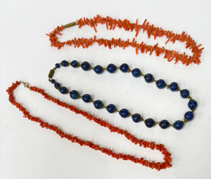 Lot 334 - 3 x vintage Necklaces - Lapis beads with filigree links & 2 natura