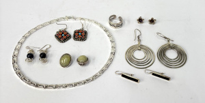 Lot 339 - Group silver jewellery - necklace, wide band, large circle earrings, l