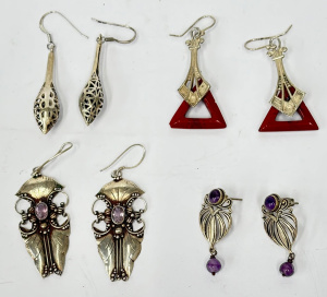 Lot 340 - 4 pr silver drop earrings - Nouveau, Deco style with Amethyst, Corneli