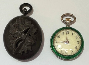 Lot 343 - 2 x items - Ladies c1910 Swiss Argent Dore green guilloche fob watch ( Lot 343 - 2 x items - Ladies c1910 Swiss Argent Dore green guilloche fob watch (