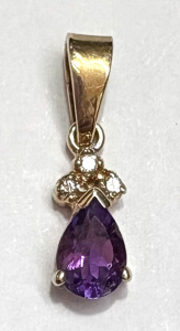 Lot 361 - 9ct ygold pendant with pear shape purple Topaz and three small diamond
