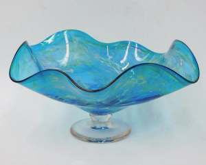Lot 372 - Australian Art Glass Bowl - Blue with feathered green & white - fl