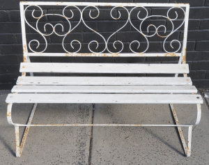 Lot 10 - Vintage Painted Iron Garden bench seat - wooden slats to seat & scr Lot 10 - Vintage Painted Iron Garden bench seat - wooden slats to seat & scr