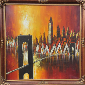 Lot 23 - Large framed c1970s Decorative Oil Painting - Orange Cityscape - Unsign Lot 23 - Large framed c1970s Decorative Oil Painting - Orange Cityscape - Unsign