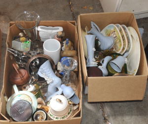 Lot 28 - 2 x Boxes of China, Glass & Pottery incl Staffordshire Pea Strainer