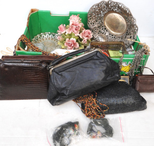 Lot 37 - 2 x Boxes of Mixed Items incl Ladies Bags, Glass Butter Dish , Napery, Lot 37 - 2 x Boxes of Mixed Items incl Ladies Bags, Glass Butter Dish , Napery,
