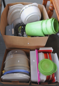 Lot 40 - 3 x Boxes Mixed Household Items - incl set of Six Retro Lime green Tupp