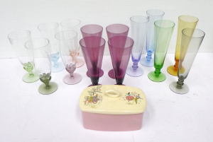 Lot 48 - Group Retro Glass & Ceramics inc 2 x Sets of 5 Harlequin stemmed gl