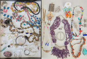 Lot 53 - Box costume jewellery - glass, gemstone necklaces, diamante brooches, e