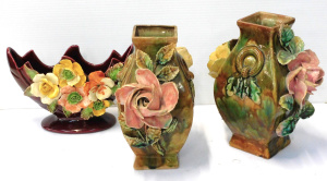 Lot 54 - Pair Victorian Majolica Vases - Mottled glaze with applied roses and on Lot 54 - Pair Victorian Majolica Vases - Mottled glaze with applied roses and on