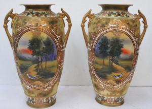 Lot 59 - Pair of Japanese Twin Handled Export ware Vases w Hand Painted Cameo Sc Lot 59 - Pair of Japanese Twin Handled Export ware Vases w Hand Painted Cameo Sc