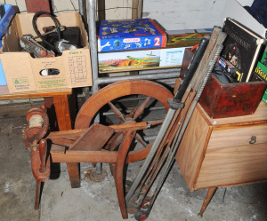 Lot 64 - Lot of Mixed items incl Wooden Spinning Wheel, Russian Handheld Air Com