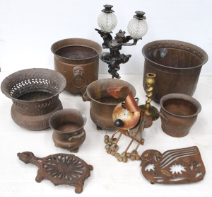 Lot 66 - Box of Metal & Copperware Items incl Angel Lamp, Kettle Stand, Pots Lot 66 - Box of Metal & Copperware Items incl Angel Lamp, Kettle Stand, Pots