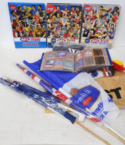 Lot 75 - Box Lot AFL Trading Cards, Flags, Carlton Scarf & Yu-Gi-Oh Cards
