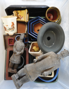 Lot 83 - Box lot of Mixed Ceramic Bonsai Pots & Chinese Style Figueres incl Lot 83 - Box lot of Mixed Ceramic Bonsai Pots & Chinese Style Figueres incl