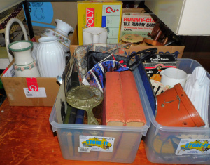 Lot 87 - 4 Boxes mixed inc Kitchenalia, Binoculars, HC reference books, EPNS Han