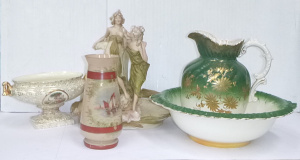 Lot 92 - Group lot Damaged Victorian items inc Royal Dux Centrepiece Vase, Wash Lot 92 - Group lot Damaged Victorian items inc Royal Dux Centrepiece Vase, Wash