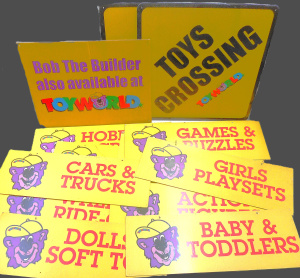 Lot 107 - Group of vintage Toyworld corflute and cardboard (double-sided) POS Sh Lot 107 - Group of vintage Toyworld corflute and cardboard (double-sided) POS Sh