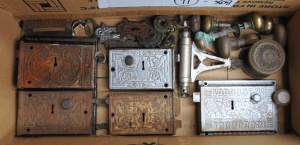 Lot 108 - Box of Vintage Door Hardware incl Brass Handles, Escutcheons, Cast Met Lot 108 - Box of Vintage Door Hardware incl Brass Handles, Escutcheons, Cast Met