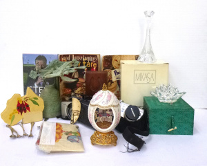 Lot 114 - 2 x boxes - assorted items inc, Franklin Mint Faberge Egg, metal wall