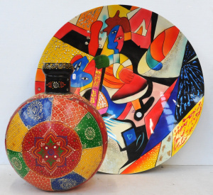 Lot 122 - 2 x Pieces incl Colourful Painted Metal Pot & Large Hand Painted Lot 122 - 2 x Pieces incl Colourful Painted Metal Pot & Large Hand Painted